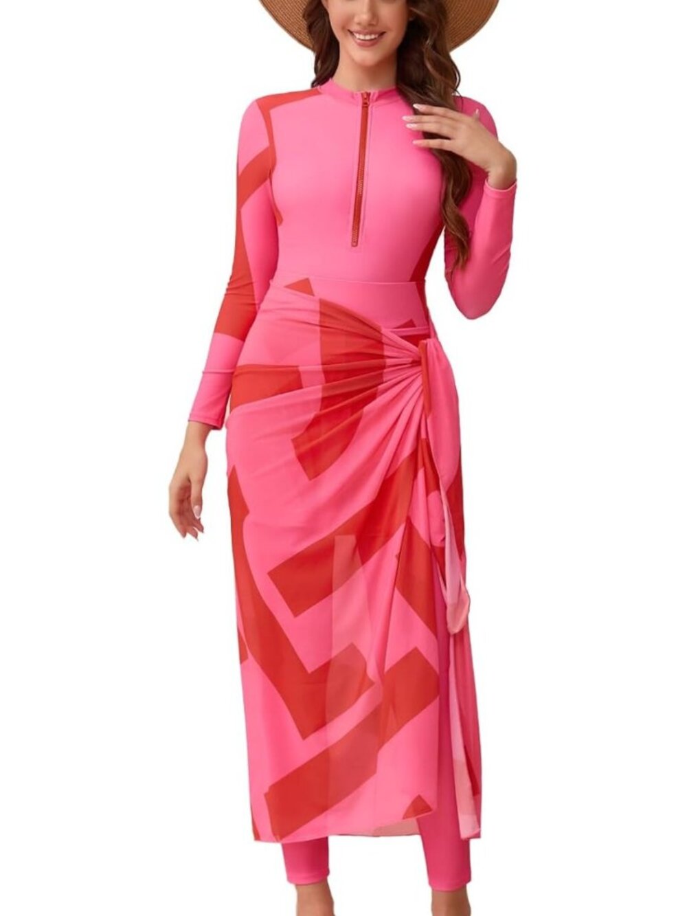 NWT IDOPIP Modest Swimsuit Set Long Sleeve Burkini Rash Guard Pink XL